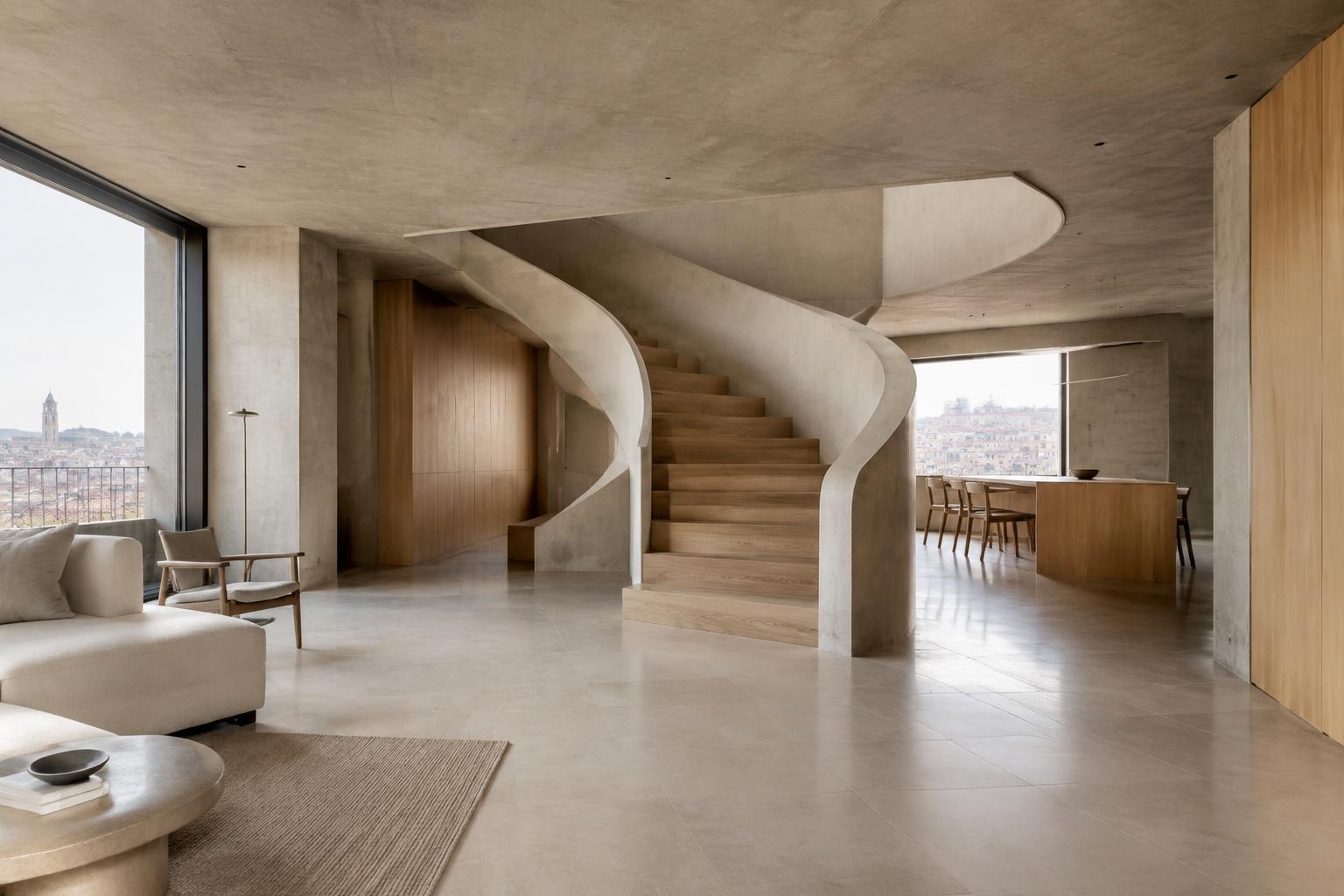 Interior contemporâneo com escada escultórica no Porto