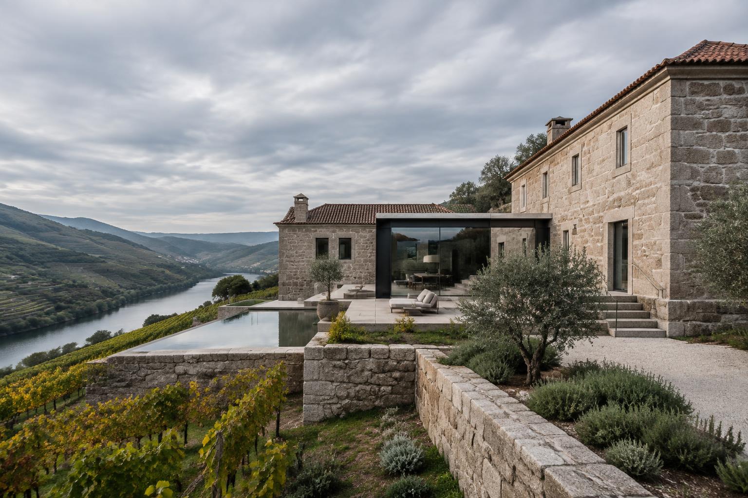 Quinta em granito reabilitada sobre o vale do Douro
